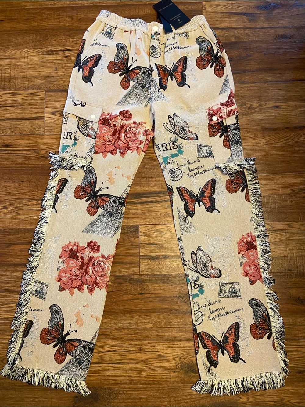 NWT GUAPI Floral Eiffel Paris Butterfly Tapestry Pants Mens Size 36 Fringe